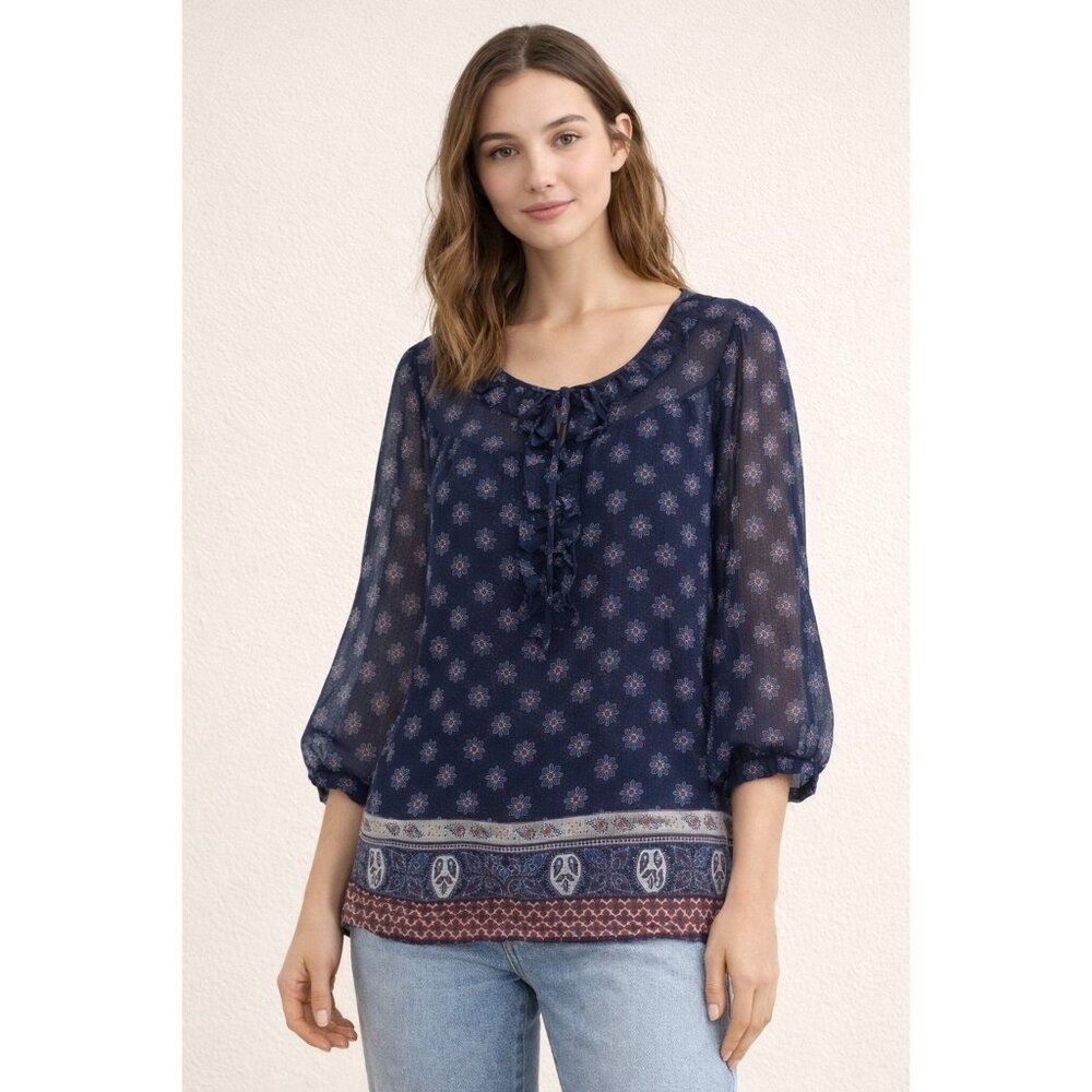 Banana Republic Floral Sheer Boho‎ Peasant Blouse Blue M